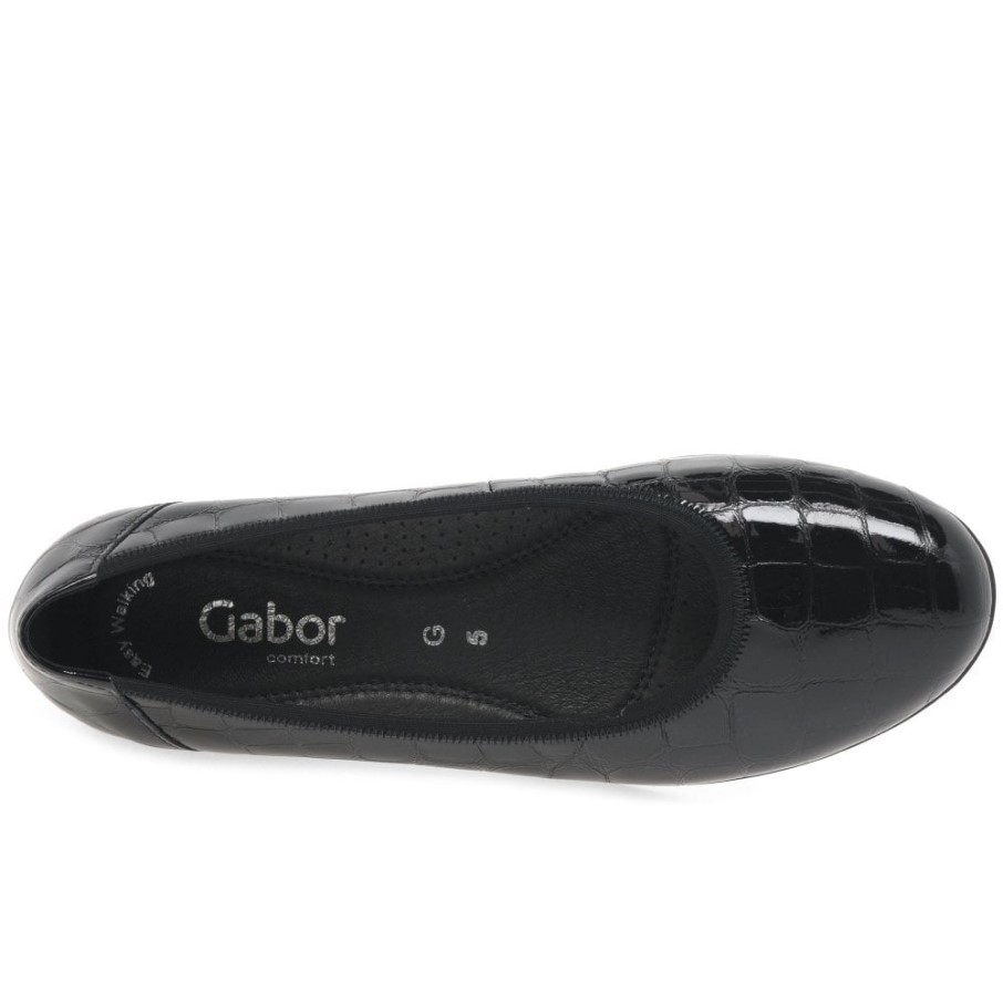 Gabor Noir Croc Brevet Splash Ballerines Décontractées Pour Femmes